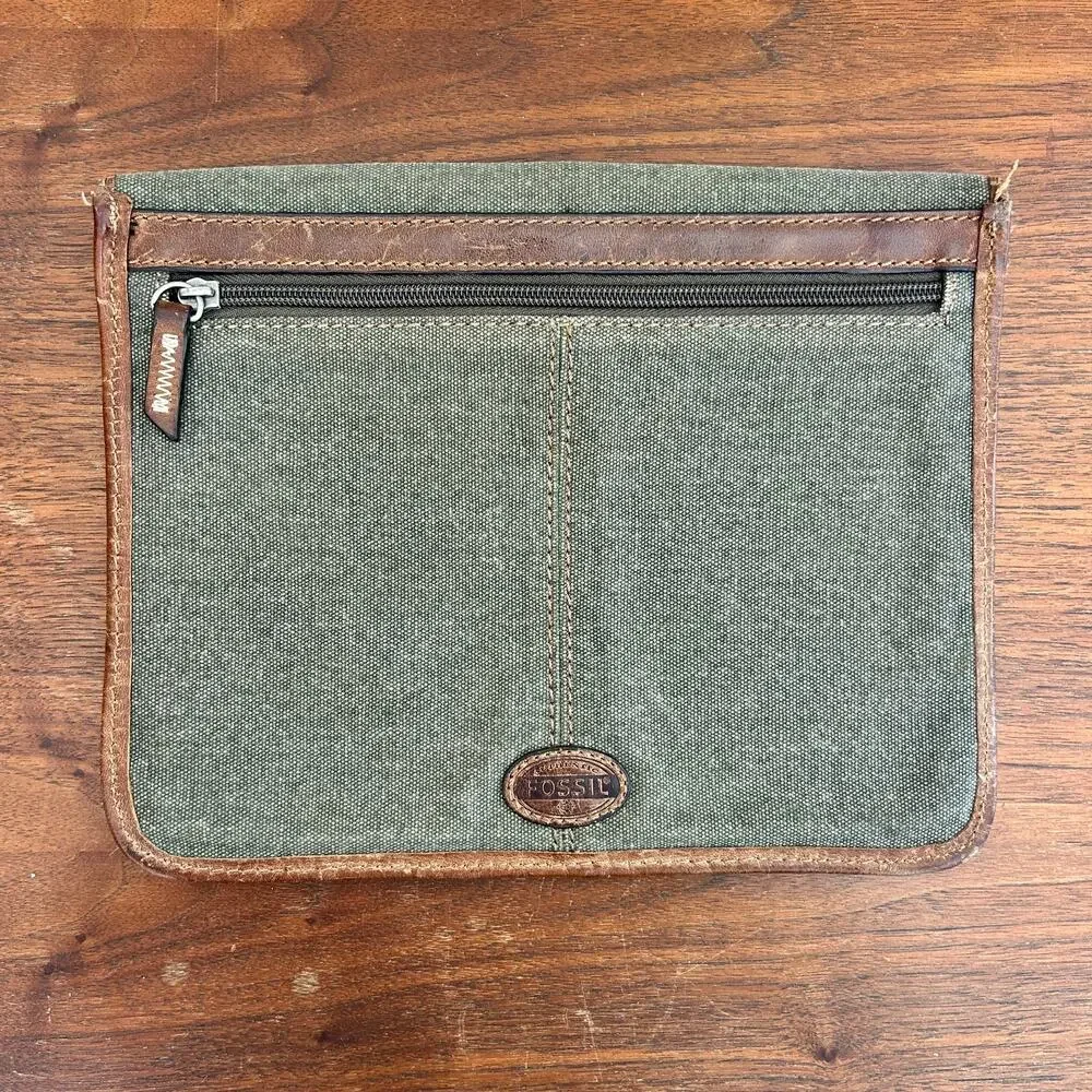Vintage Fossil Canvas Green Leather Trim Pouch Sleeve Case 10” x 9” Zip Pocket